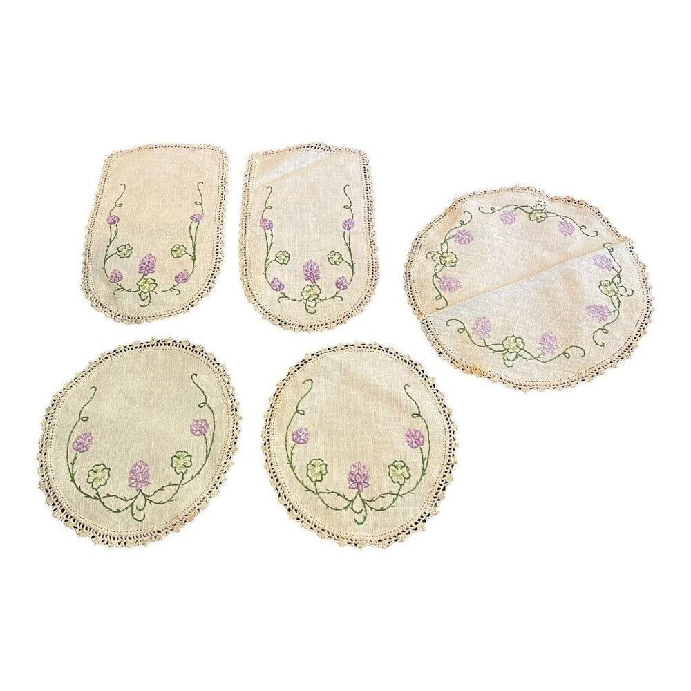 Set Of 5 Vtg Floral Embroidered Dresser Table Setting Crochet Lace Spring Doily